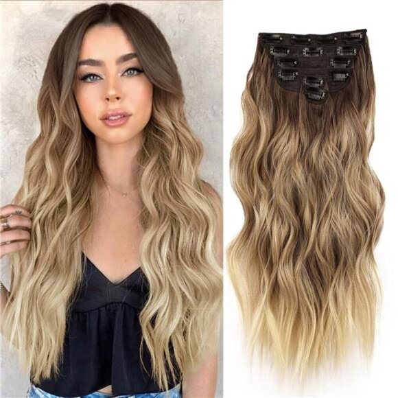 NAYOO Clip in Hair Extensions for Women 20 Inch Long Wavy Curly Ombre Brown to - Picture 1 of 6